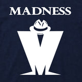 Close Up Of Madness Classic M Logo Kids T-shirt. White Madness Logo on a Navy T-Shirt