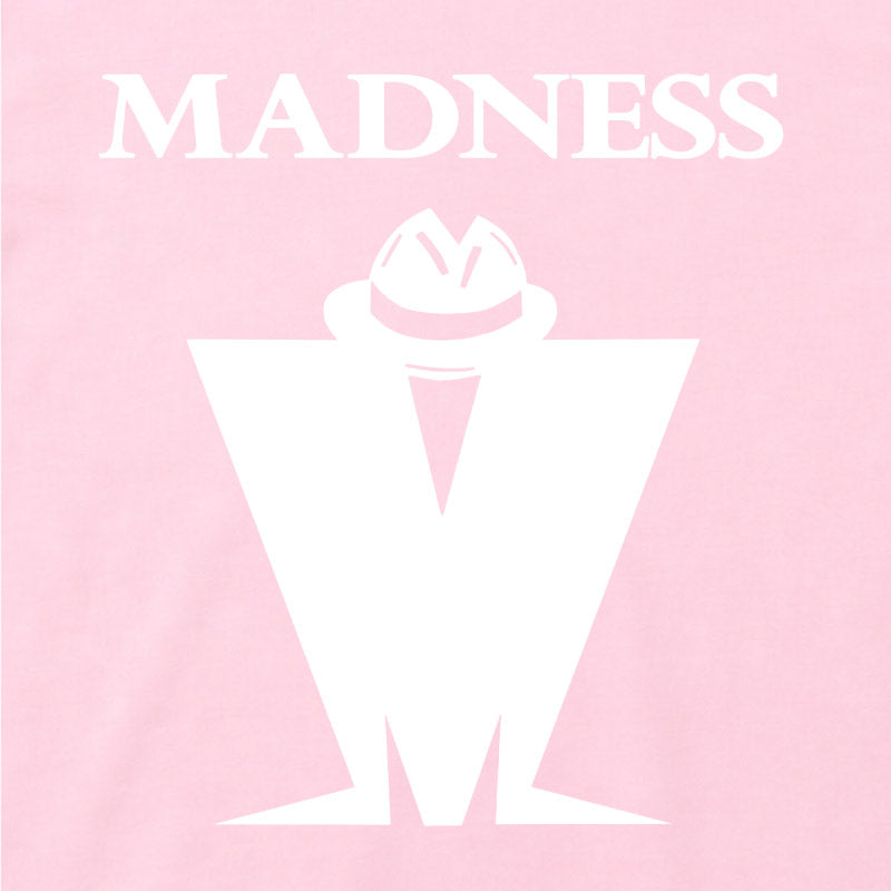 Close Up Of Madness Classic M Logo Kids T-shirt. White Madness Logo on a Pink T-Shirt