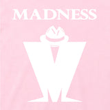 Close Up Of Madness Classic M Logo Kids T-shirt. White Madness Logo on a Pink T-Shirt