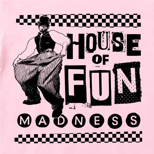 Close Up Of Madness House Of Fun Kids T-shirt. Black House Of Fun Artwork on a Pink T-Shirt
