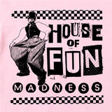 Close Up Of Madness House Of Fun Kids T-shirt. Black House Of Fun Artwork on a Pink T-Shirt