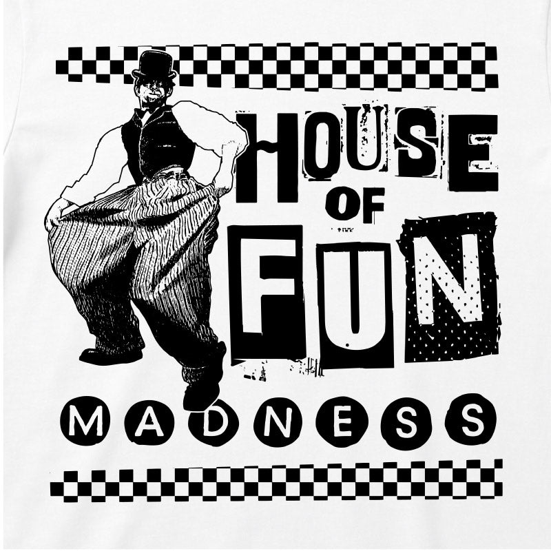 Close Up Of Madness House Of Fun Kids T-shirt. Black House Of Fun Artwork on a White T-Shirt