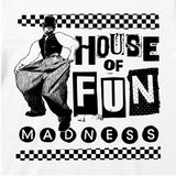 Close Up Of Madness House Of Fun Kids T-shirt. Black House Of Fun Artwork on a White T-Shirt