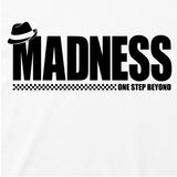 Close Up Of Madness One Step Beyond Kids T-shirt. Black Madness Logo on a White T-Shirt