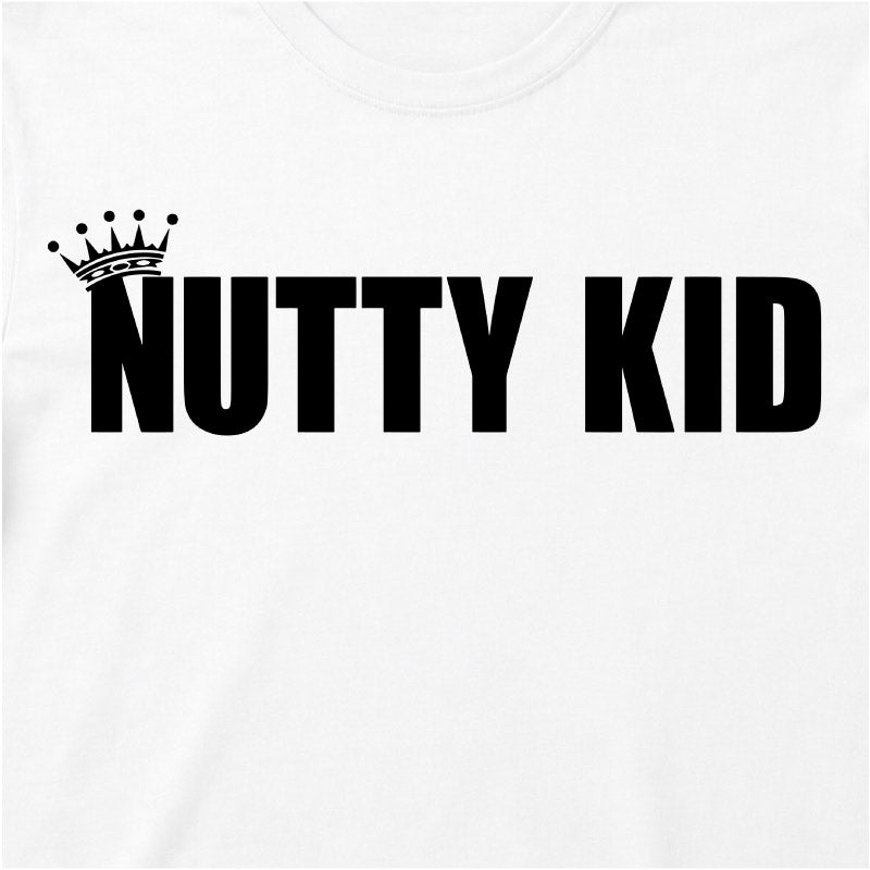 Close Up Of Madness Nutty Kid Kids T-shirt. Black Nutty Kid Logo on a White T-Shirt