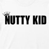 Close Up Of Madness Nutty Kid Kids T-shirt. Black Nutty Kid Logo on a White T-Shirt