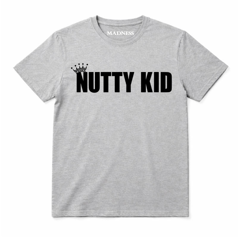 Madness Nutty Kid Kids T-shirt. Black Nutty Kid Logo on a Grey T-Shirt