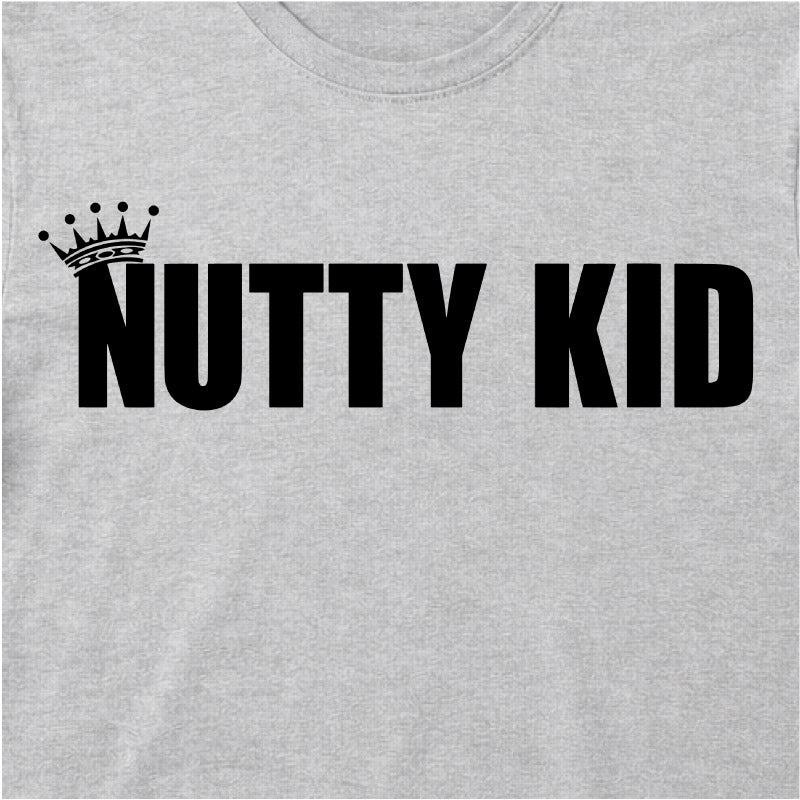 Close Up Of Madness Nutty Kid Kids T-shirt. Black Nutty Kid Logo on a Grey T-Shirt