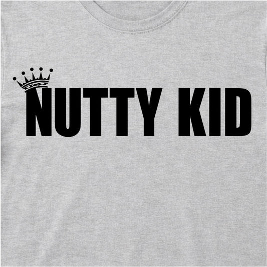 Close Up Of Madness Nutty Kid Kids T-shirt. Black Nutty Kid Logo on a Grey T-Shirt