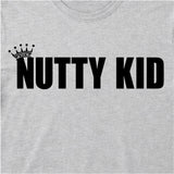 Close Up Of Madness Nutty Kid Kids T-shirt. Black Nutty Kid Logo on a Grey T-Shirt