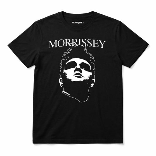Morrissey Kids T-Shirt black with a white printed graphic of Morrissey's Face and Logo