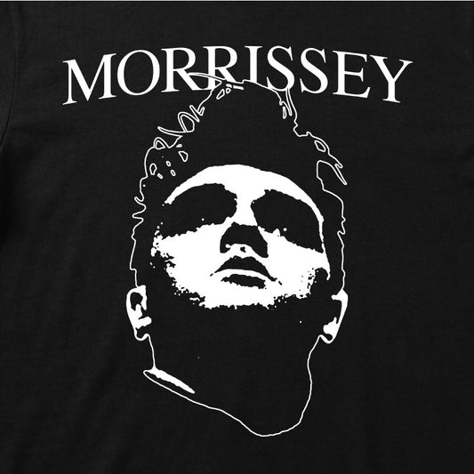 Close up of Morrissey Kids T-Shirt, black with a white printed graphic of Morrissey's Face and Logo