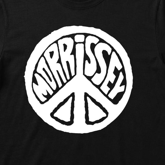 Close Up Of Black Morrissey Kids T-Shirt with a white Morrissey Peace Symbol printed graphic