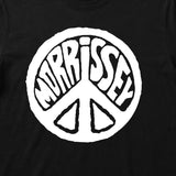 Close Up Of Black Morrissey Kids T-Shirt with a white Morrissey Peace Symbol printed graphic