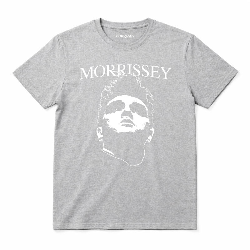 Morrissey Kids T-Shirt Grey with a white printed graphic of Morrissey's Face and Logo