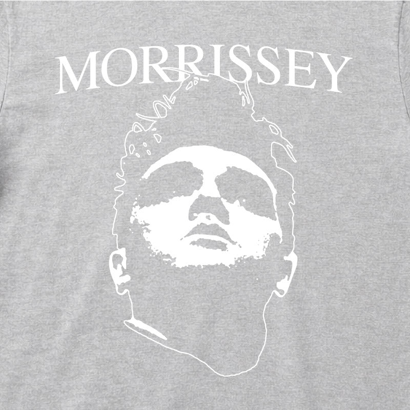 Close Up Of Morrissey Kids T-Shirt Grey with a white printed graphic of Morrissey's Face and Logo
