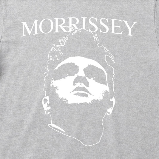 Close Up Of Morrissey Kids T-Shirt Grey with a white printed graphic of Morrissey's Face and Logo