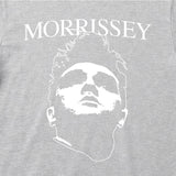 Close Up Of Morrissey Kids T-Shirt Grey with a white printed graphic of Morrissey's Face and Logo