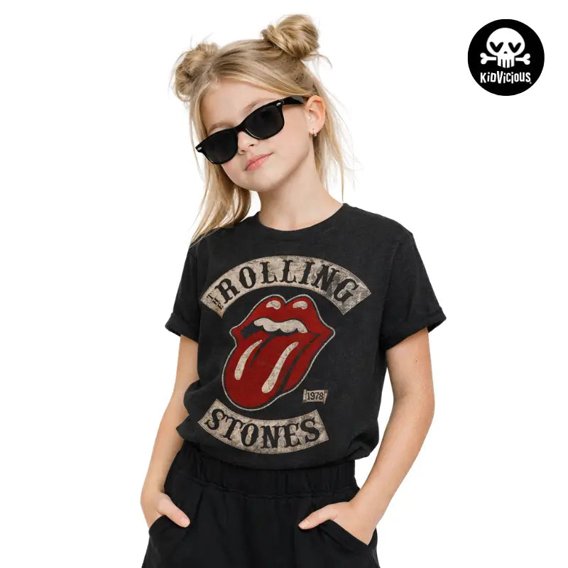 Cool Young Girl Wearing a Kids Black Rolling Stones 1978 Tour T-shirt