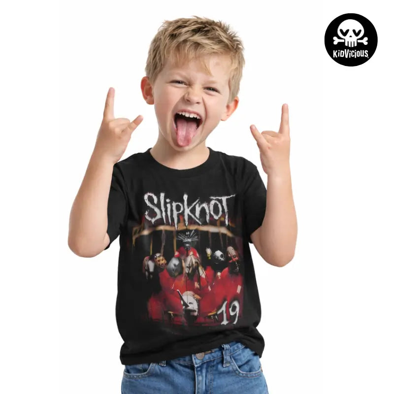 Cool Boy wearing a Slipknot Debut Album Kids T-shirt