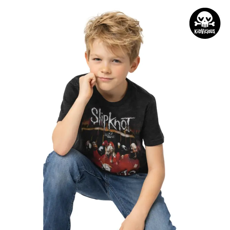 Cool Boy Wearing a Kids Black Slipknot Debut Album Tshirt
