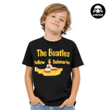 Child wearing a black Kids t-shirt with 'The Beatles Yellow Submarine' design on a white background