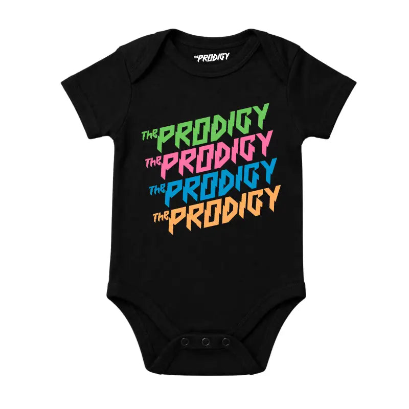 The Prodigy Kids T-shirt with The Prodigy Repeat Logo artwork printed in green, pink, blue and orange on a plain black t-shirt