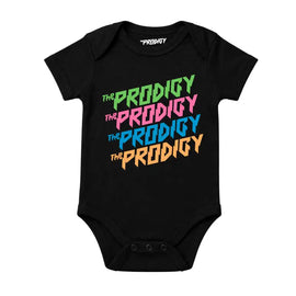The Prodigy Kids T-shirt with The Prodigy Repeat Logo artwork printed in green, pink, blue and orange on a plain black t-shirt