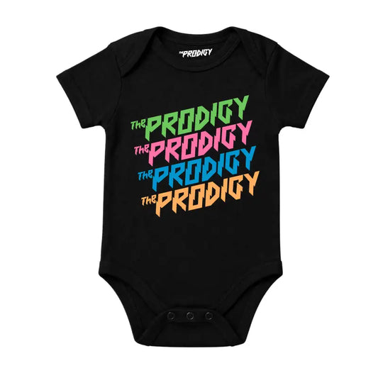 The Prodigy Kids T-shirt with The Prodigy Repeat Logo artwork printed in green, pink, blue and orange on a plain black t-shirt