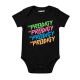 The Prodigy Kids T-shirt with The Prodigy Repeat Logo artwork printed in green, pink, blue and orange on a plain black t-shirt
