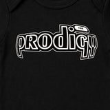 Close Up of The Prodigy Babygrow. The Prodigy Jilted Generation Logo printed on a plain black babygrow