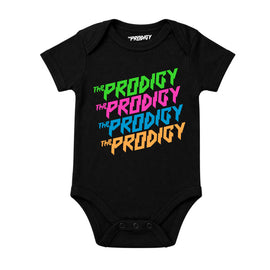 The Prodigy Babygrow. The Prodigy Repeat Logo printed in full colour on a plain black babygrow