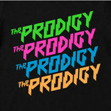 Close up of The Prodigy Babygrow. The Prodigy Repeat Logo printed in full colour on a plain black babygrow