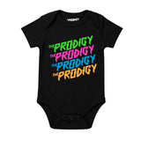 The Prodigy Babygrow. The Prodigy Repeat Logo printed in full colour on a plain black babygrow