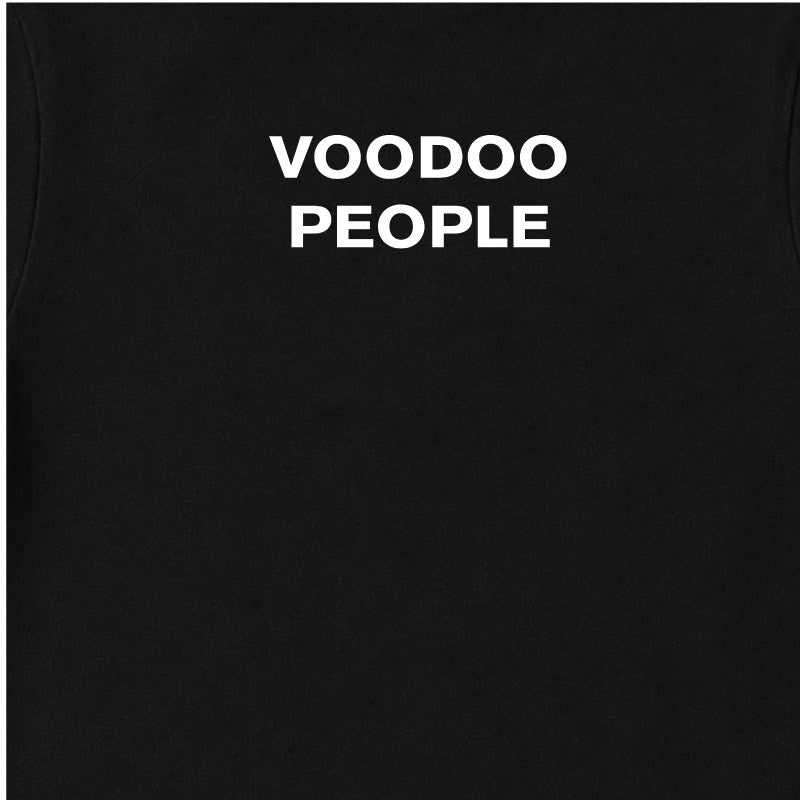 Close up of The Prodigy Babygrow. The Prodigy Voodou People text printed in white on the back of a plain black babygrow