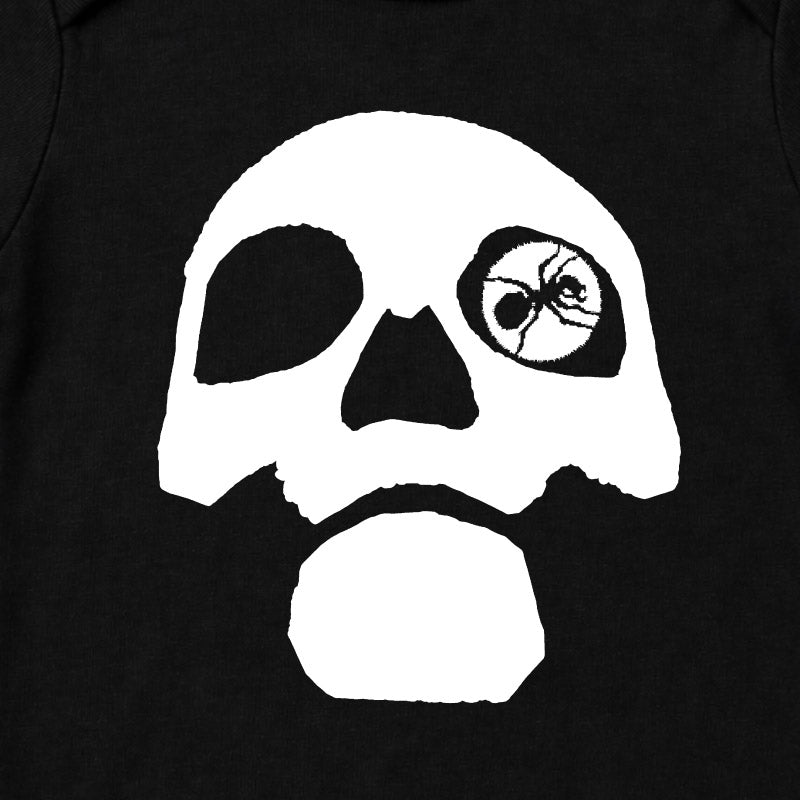 Close Up of The Prodigy Babygrow. The Prodigy Voodou People artwork printed in white on a plain black babygrow