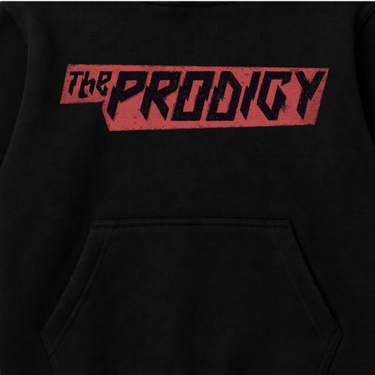 Close up of The Prodigy Kids Hoodie The Prodigy Disrupta Logo printed on a plain black hoody