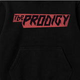Close up of The Prodigy Kids Hoodie The Prodigy Disrupta Logo printed on a plain black hoody