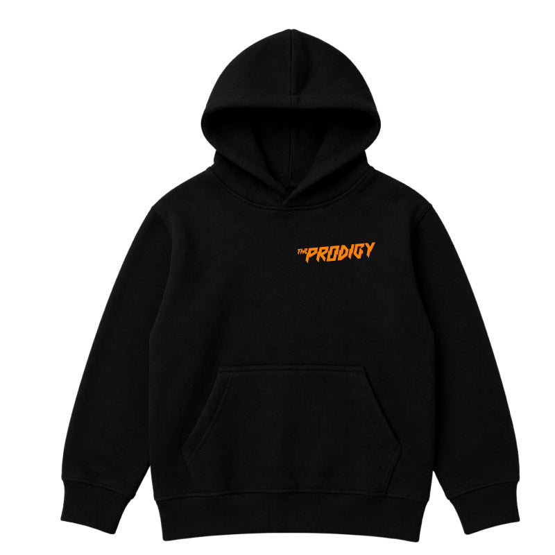 The Prodigy kids hoodie with The Prodigy Invaders Must Die artwork and logo printed on a plain black hoody