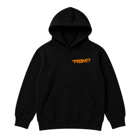 The Prodigy kids hoodie with The Prodigy Invaders Must Die artwork and logo printed on a plain black hoody