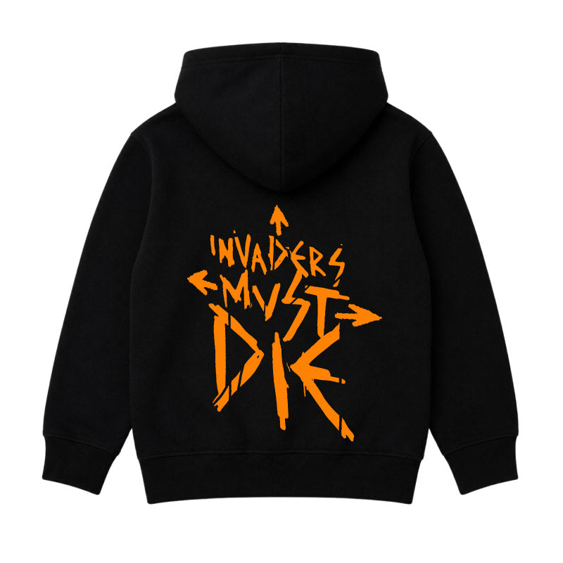 The Prodigy kids hoodie with The Prodigy Invaders Must Die artwork printed on the back of a plain black hoody