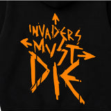 Close up of The Prodigy kids hoodie with The Prodigy Invaders Must Die artwork printed on the back of a plain black hoody