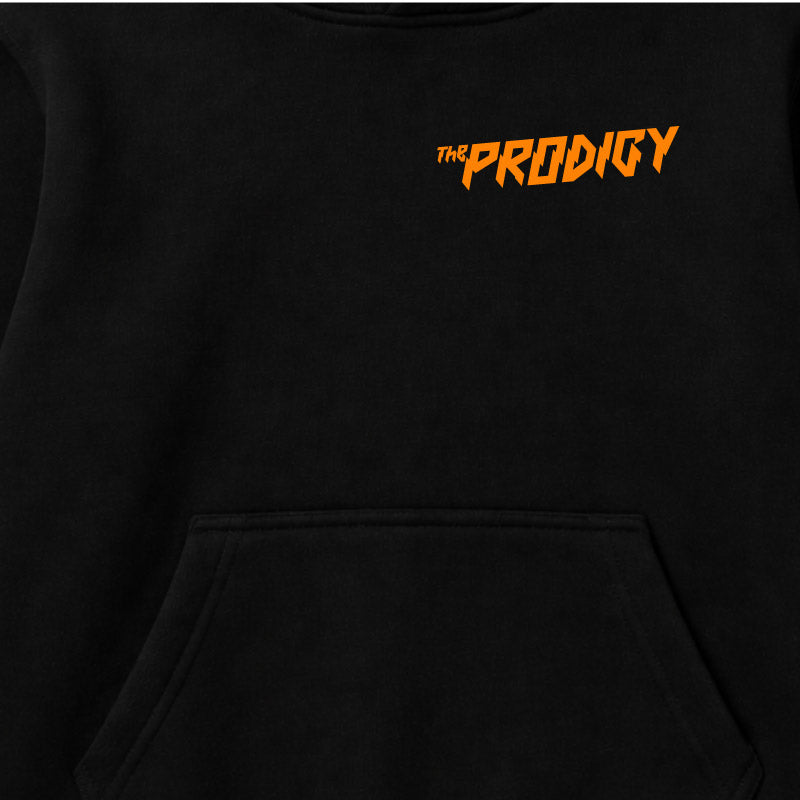 Close up of The Prodigy kids hoodie with The Prodigy Invaders Must Die artwork and logo printed on a plain black hoody