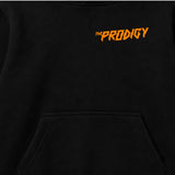 Close up of The Prodigy kids hoodie with The Prodigy Invaders Must Die artwork and logo printed on a plain black hoody