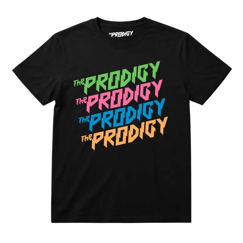 The Prodigy Kids T-shirt with The Prodigy Repeat Logo artwork printed in full colour on a plain black t-shirt