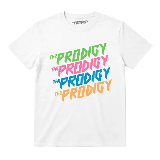 The Prodigy Kids T-shirt with The Prodigy Repeat Logo artwork printed in full colour on a plain white t-shirt