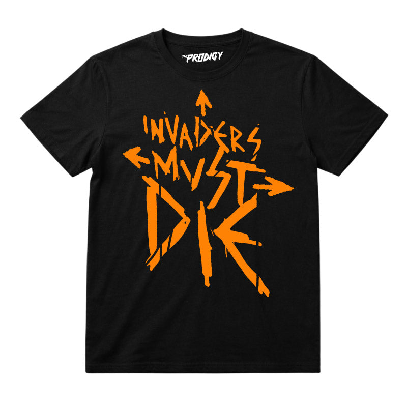 The Prodigy kids t-shirt with The Prodigy Invaders Must Die artwork printed in orange on a plain black tshirt