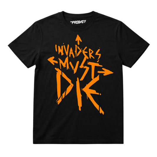 The Prodigy kids t-shirt with The Prodigy Invaders Must Die artwork printed in orange on a plain black tshirt