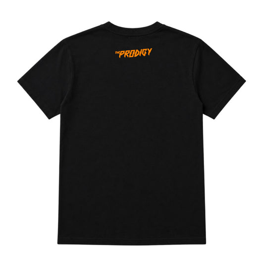 Close up of The Prodigy kids t-shirt with The Prodigy Invaders Must Die artwork printed in orange on a plain black tshirt