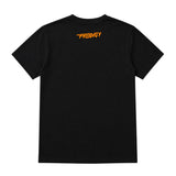 Close up of The Prodigy kids t-shirt with The Prodigy Invaders Must Die artwork printed in orange on a plain black tshirt
